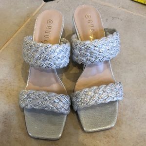 Rouge wide braided sparkly silver double strapped fabric sandals